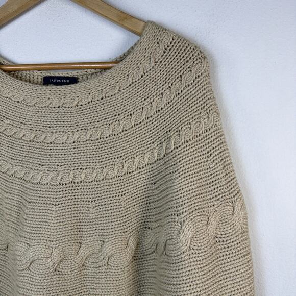 Lands End large XL Poncho Sweater Tan Pullover Cable Knit Fringe Wool Blend - Picture 4 of 9